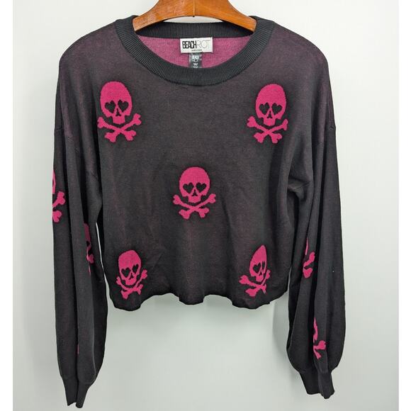 Beach Riot Y2K Skull Sweater Black Pink Heart Knit Pullover XL Avril Goth Grunge - Picture 1 of 3